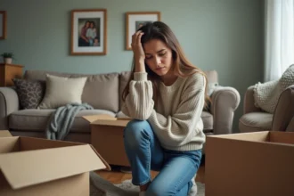 Déménagement stressant avec des cartons et des objets à trier